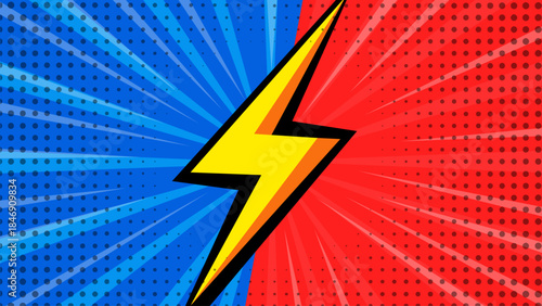 Comic Book Lightning Bolt Background. Retro Pop Art. Superhero Energy Burst Vector Illustration. Red VS Blue Comic Style Versus Background.