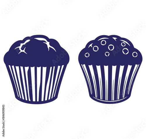 Vector illustration featuring two stylized blueberry muffins isolated on a white background
