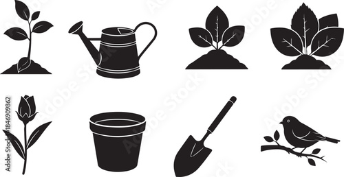 Gardening icons set black silhouette vector art