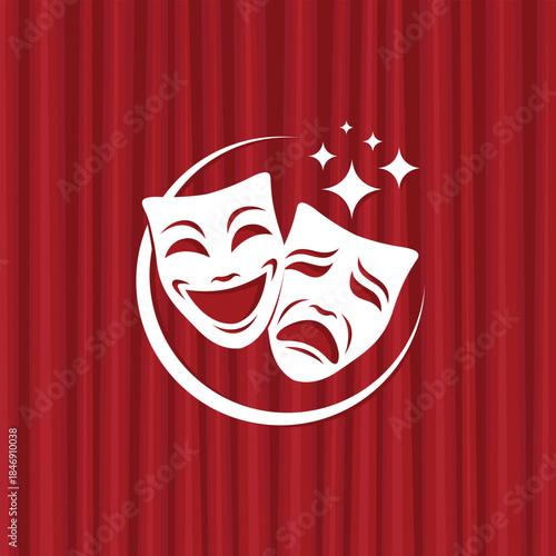 icon of comedy and tragedy theatrical masks with red curtains