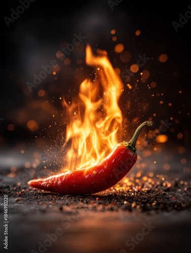 A flaming red chili pepper glows against a dark black background creating a bold spicy visual concept.