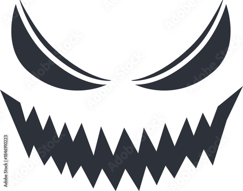 Scary monster face with sharp eyes and jagged teeth