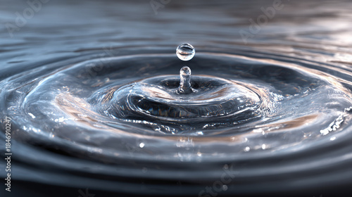 A close-up shot of a water droplet creating ripples on the water surface
