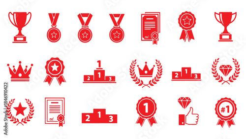 Reward & Award Vector Set – Trophy, Medal, Badge, and Star Icons, Certificate and Champion Symbols, Success and Achievement Illustration Collection