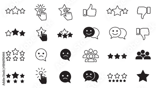 Review & Feedback Icon Vector Set – Star Ratings, Testimonials, Like & Thumb Up Symbols, Positive Customer Survey Icons for Business, App, and Website