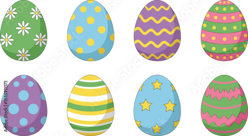 A Colorful Vector Collection of Easter Eggs Decorated with Polka Dots, Stripes, Chevrons, Daisies, and Stars in Bright Green, Blue, Pink, and Purple Hues for Spring Holiday Designs
