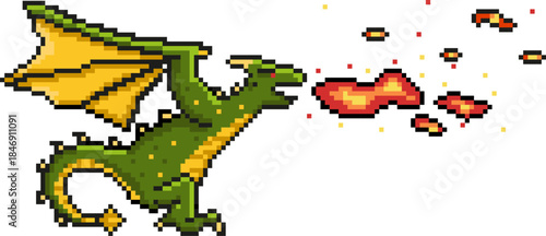 Green pixel art dragon breathing fire