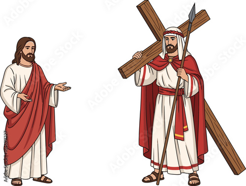 Biblical illustration of Simon of Cyrene carrying the heavy wooden cross for Jesus Christ, representing faith, devotion, sacrifice, assistance, and Christian scripture imagery.