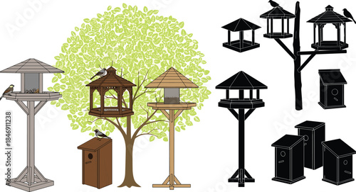 Bird feeder and birdhouse collection with wooden garden feeders, nesting boxes, and silhouettes for wildlife care, backyard birds, and nature illustration