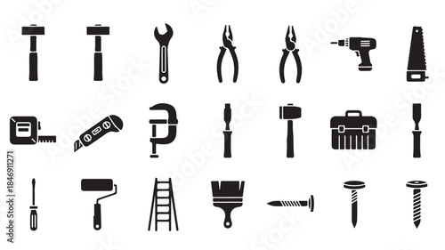 Black Tools Icons Set on White Background