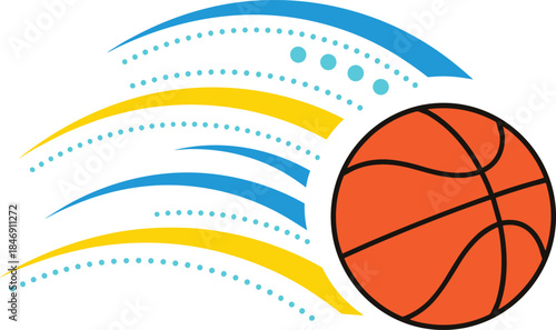 Cartoon basketball speeding quickly with dynamic, stylized motion trails in blue and yellow, perfect for sports event branding or athletic design elements.