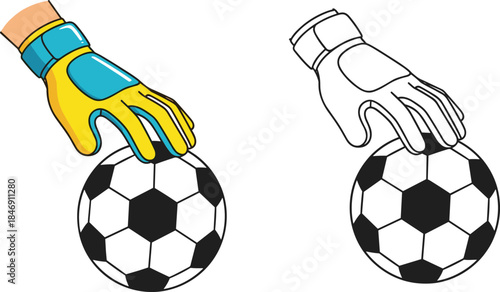 Cartoon-style illustration of a goalkeeper's gloved hand resting on a soccer ball, presented in both full color and black and white line art outlines.