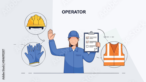 A focused worker in a uniform with safety equipment and a checklist representing professional industry operations and task management