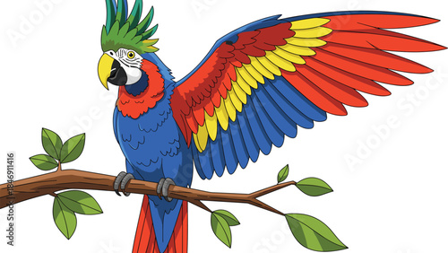 Colorful tropical parrot with spread wings perched on tree branch illustrated in vibrant detailed cartoon style for wildlife nature and exotic bird design