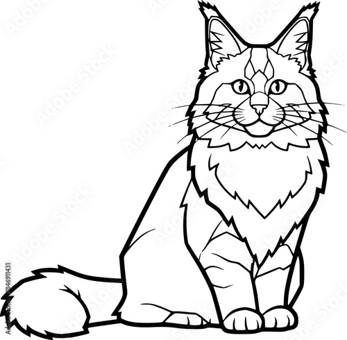 Fluffy Maine Coon Cat Vector Outline Cute Pet Illustration for Children Coloring Book Design
