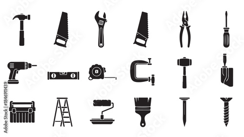 Black Tools Icons Set on White Background