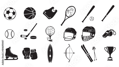 Sports Icons Set with Various Equipment and Symbols