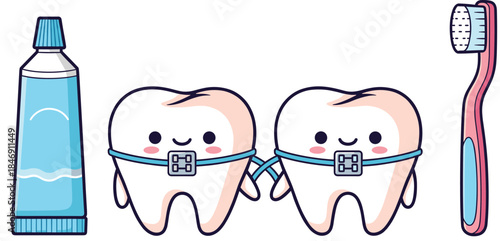 Cute Cartoon Teeth with Braces Vector; Dental Care Set with Toothpaste Tube and Toothbrush for Orthodontics, Hygiene, and Kids Dentistry.