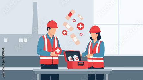 Safety officers providing first aid guidance in an industrial workspace demonstrating health and emergency preparedness