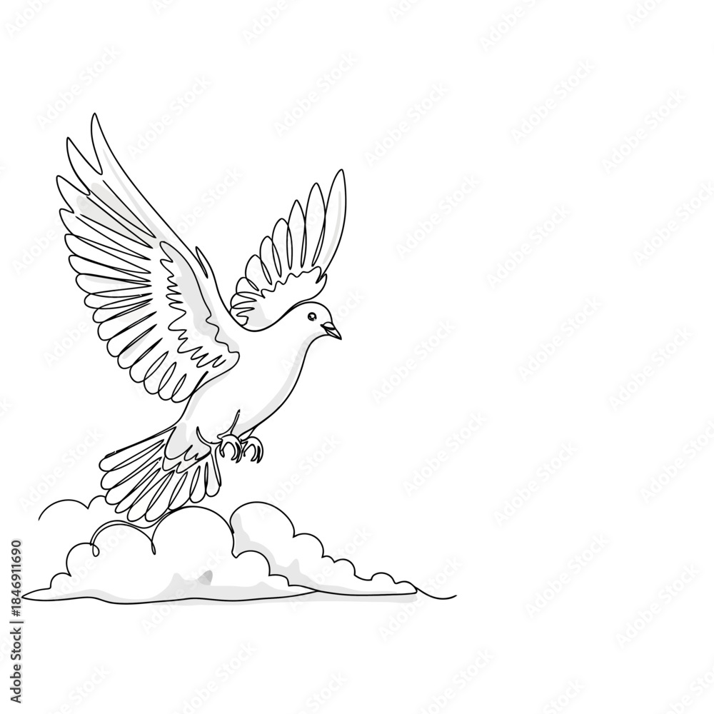 Fototapeta premium Continuous line drawing of a dove flying above clouds in a minimalist style on a white background