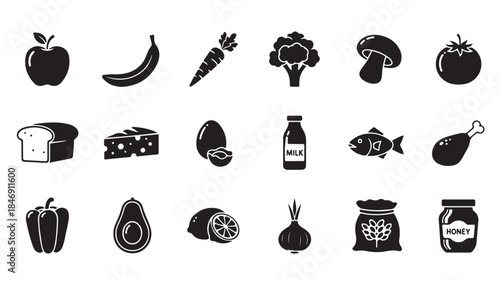Food Icons Set with Fruits, Vegetables, and Products
