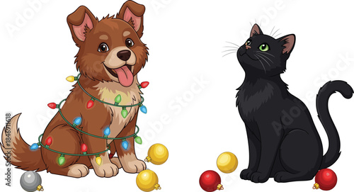 Cute Christmas dog wrapped in holiday lights beside curious black cat with ornaments, festive pet illustration perfect for seasonal designs and winter projects