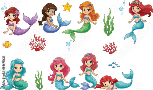 Cute cartoon mermaid character set with different hairstyles poses and sea elements including starfish coral bubbles and fish in colorful kids fantasy illustration collection