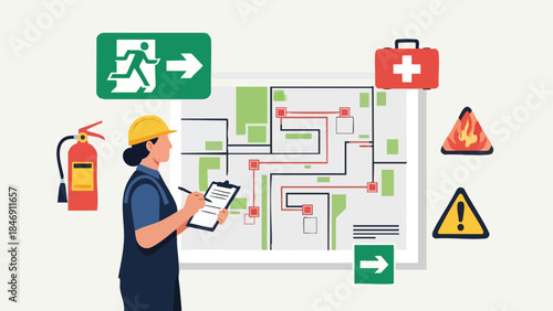 Occupational safety and emergency preparedness illustration depicting a worker reviewing a safety plan with hazard symbols and equipment