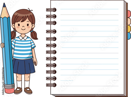 Cute schoolgirl illustration holding oversized pencil beside blank notebook page, education concept, back to school, learning and creativity