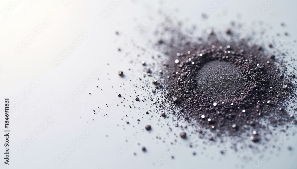 Fototapeta premium Fine black pearl mica powder scattered on white surface. Dark mineral pigment has pearly shimmer and metallic shine. Cosmetic raw material texture closeup for makeup.