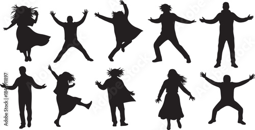Ten joyful people celebrating in silhouette