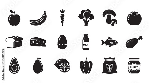 Black Food Icons on White Background