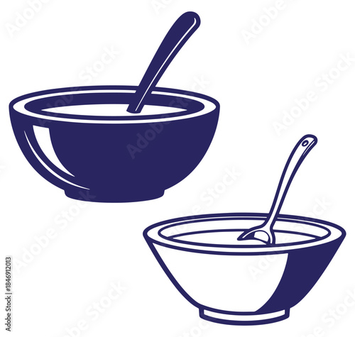 Vector illustration of two bowls filled with soup and a spoon for healthy eating concepts