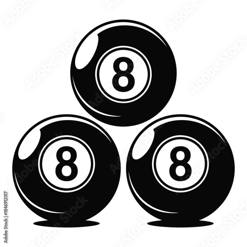 three eight balls in triangle shape, isolated on white background, suitable for billiard, snooker, and pool graphics, game illustrations, sports-themed vector designs, and recreational artwork project