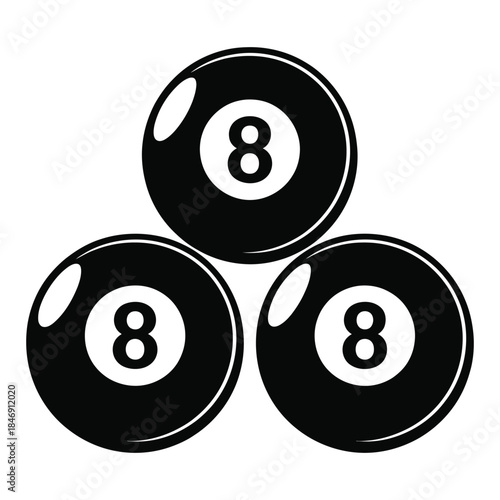 three billiard eight balls arranged in triangular formation, isolated on white background, ideal for pool game graphics, cue sports illustrations, digital designs, and vector recreation projects.
