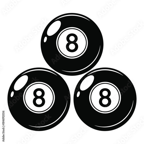 three eight balls stacked in a triangle shape, isolated on white background, perfect for billiard game graphics, pool illustrations, sports design projects, and recreational vector artwork.
