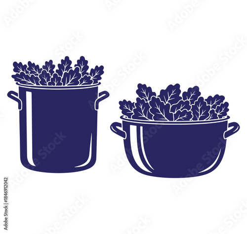 Vector illustration of two cooking pots filled with fresh leafy green vegetables ready for preparing food.