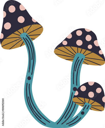 Whimsical polka dot mushrooms with curving stems