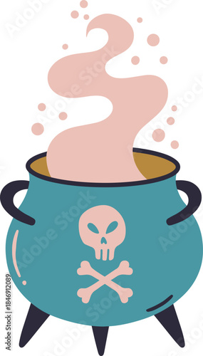 Cauldron with skull and crossbones symbol exuding magic potion smoke