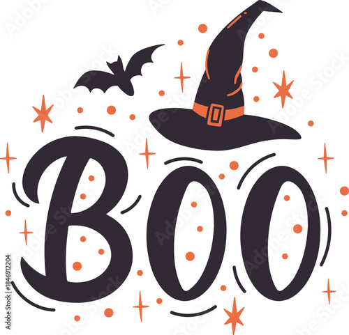 Boo text with witch hat and flying bat