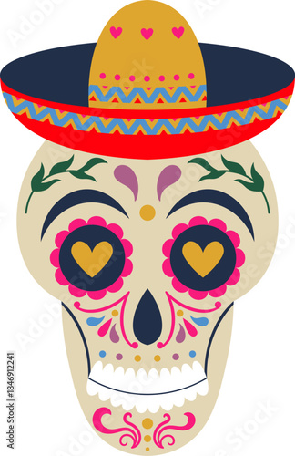 Colorful sugar skull calavera wearing sombrero celebrating Dia de los Muertos