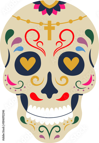 Dia de los Muertos sugar skull with cross and heart eyes