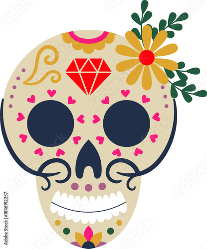 Sugar skull cartoon decorated with Mexican folk art