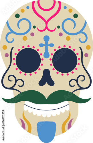 Colorful sugar skull with mustache celebrating Dia de Muertos
