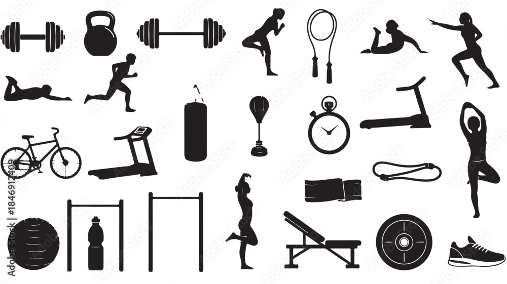 Fototapeta premium Fitness Icons Silhouettes on White Background