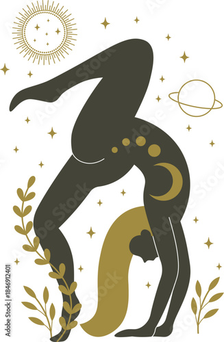 Woman performing yoga pose with celestial and nature elements
