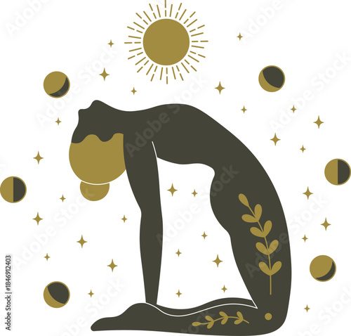 Woman practicing yoga pose connecting cosmic energy