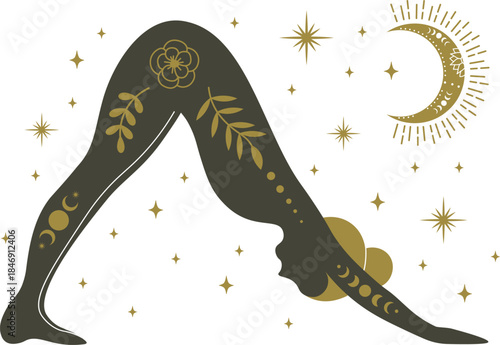 Yoga downward dog pose with moon and stars