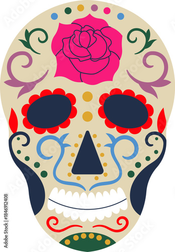 Dia de los Muertos sugar skull presenting floral decorations