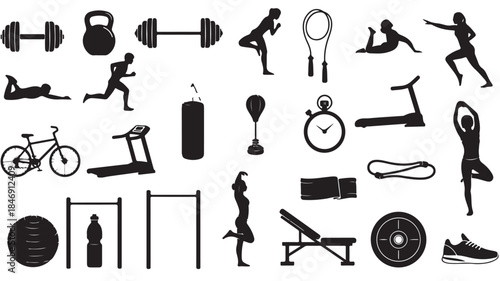 Fitness Icons Silhouettes on White Background